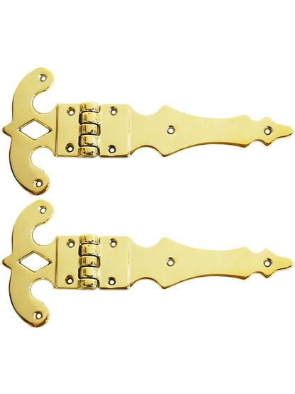 Pair of Heavy Ornate Brass Surface Hinges - 5 inch x 11 inch in Unlacquered Brass.